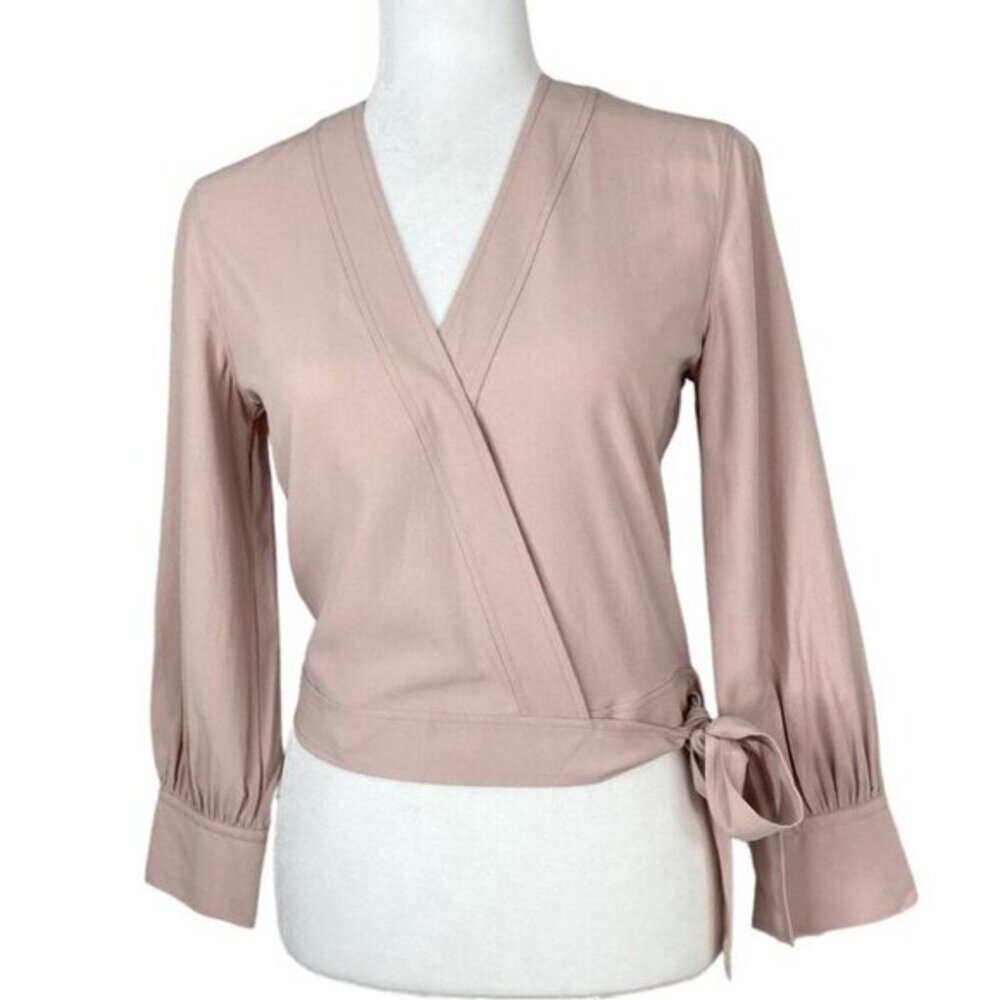 Everlane 100% Silk Wrap Top Blush Pink‎ Long Sleeve Cropped Blouse Size 00 NWOT
